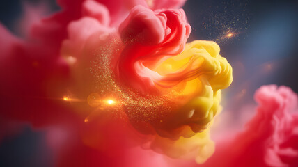 Explosive fusion of red and yellow smoke with golden sparkles in vibrant abstract cosmic swirl