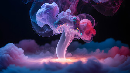 Magical swirl of pink and purple smoke with glitter rising from glowing portal in surreal dreamscape
