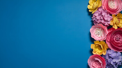 Elegant arrangement of colorful paper flowers on vibrant blue background with copy space