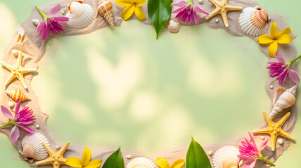 Tropical summer frame with seashells, starfish, and flowers on soft sand and green pastel background