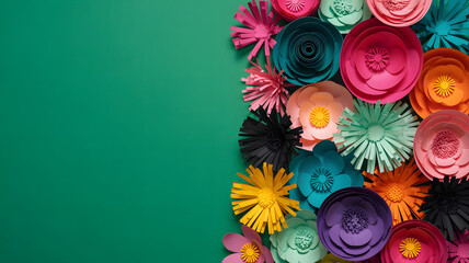 Colorful paper flower arrangement on vibrant green background with creative corner composition. Postacr or card with empty copy space for text, border ,frame