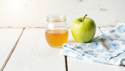Green apple and honey in a jar on floral cloth background  