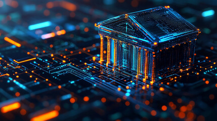 Digital bank building structure with glowing blue and orange lights on circuit board surface