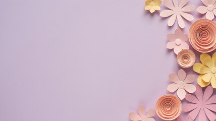 Paper craft pastel flowers arranged vertically on lavender background with copy space for feminine creative design and spring themes