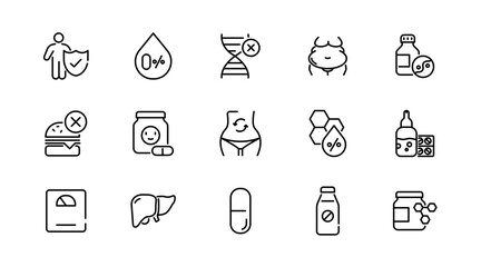 Supplements linear icon set. Fitness, gym, dietary, nutrition, healthy food, detox diet, lifestyle, vitamins, amino acids, natural, herbal, dry, energy outline vector icon set. UI thin line icon pack.