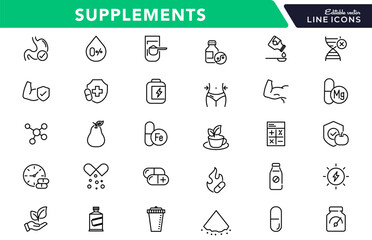Supplements linear icon set. Fitness, gym, dietary, nutrition, healthy food, detox diet, lifestyle, vitamins, amino acids, natural, herbal, dry, energy outline vector icon set. UI thin line icon pack.