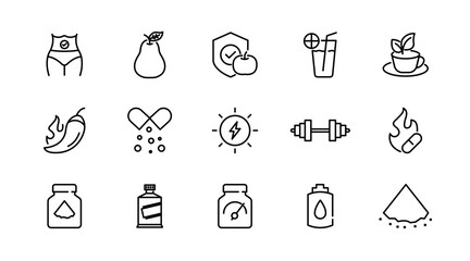 Supplements linear icon set. Fitness, gym, dietary, nutrition, healthy food, detox diet, lifestyle, vitamins, amino acids, natural, herbal, dry, energy outline vector icon set. UI thin line icon pack.