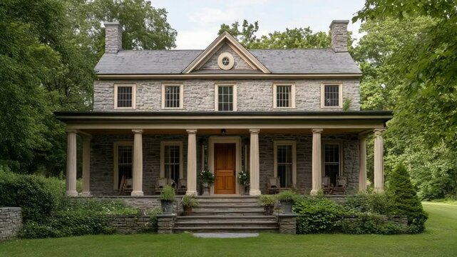 Georgian cottage exterior with wooden front door, gabled porch, stone cladding, and classic columns