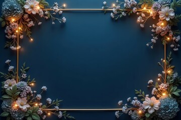 A deep navy blue background with the existing gold frame and floral clusters.