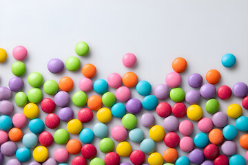 Fototapeta premium Colorful candy coated chocolate gems forming a vibrant border on white background