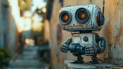 A small vintage robot standing on a stone ledge with a blurred background of buildings outdoors