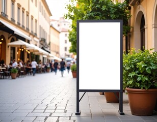Blank advertising board on a bustling European street with outdoor dining