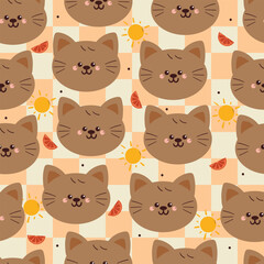 seamless pattern cute cartoon cat with sun and orange fruits. animal drawing for wallpaper and gift wrap paper