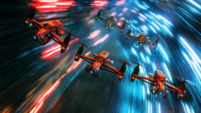 Drone racing in a vibrant, fast-paced tunnel. Multiple drones zoom through a colorful, blurred tunnel of light