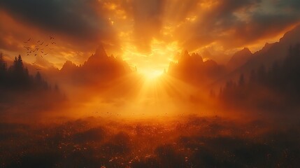 Naklejka premium Golden sunrise over misty landscape