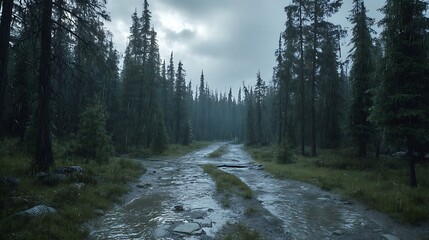 Rainy road in a dense forest