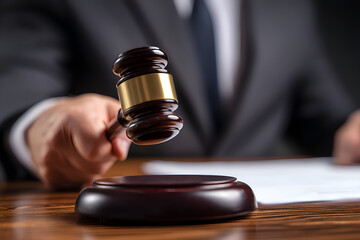 Judge banging gavel to close legal case in courtroom