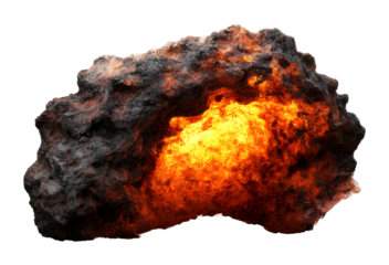 Volcanic eruption lava rock natural landscape 3d render fiery environment close-up view isolated on transparent background