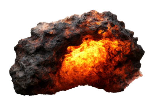 Volcanic eruption lava rock natural landscape 3d render fiery environment close-up view isolated on transparent background