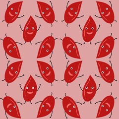 Red blood drop characters seamless pattern with expressive faces and waving arms, arranged on a soft pink background. Ideal for medical-themed designs, children&rsquo;s educational materials, blood donation