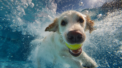 happy labrador diving underwater to catch a tennis ball — ideal for pet-related advertisements, joyful posters, or content about active dog breeds