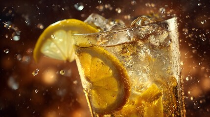 Refreshing beverage with lemon slices splashing in a glass, set against a blurred warm background