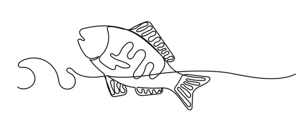 Line Art Fish Animal. One Continuous Outline Sea Underwater Mascot Silhouette. Fresh Marine Mediterranean Food Restraint Logo. Modern Wavy Sketch Stroke Contour Drawing Icon. 