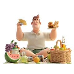 Happy Man Picnic Summer Food 3D Render.