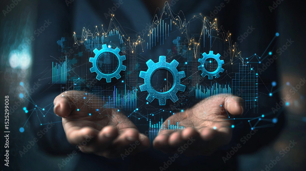 Poster hands presenting digital gears and data visualizations against a dark background scene