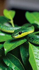 Fototapeta premium Detailed close-up of a striking emerald green snake resting on vivid foliage in tropical jungle, featuring sharp scales, coiled body, and intense reptilian eye contact – exotic forest wildlife photogr
