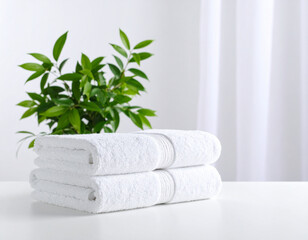 White Towel and Green Houseplant on White Table with Copy Space for Spa or Home Decor Concept