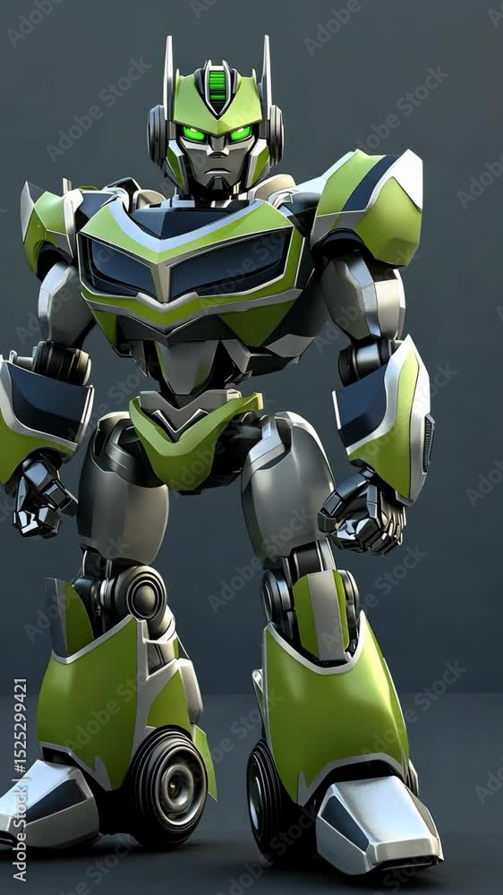 Poster a dynamic robotic character stands with confidence, showcasing intricate designs and vibrant colors 