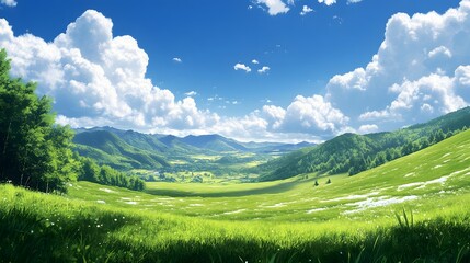 A large, open field with a blue sky and fluffy clouds. The sky is clear and bright, and the grass is lush and green. 