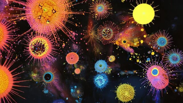 abstract fractal background, orange anemone, bacteria cell phone, yellow virus cell, sperm and egg, abstract fractal background, bacteria and microscope, 3d rendered illustration of a human sperm, red