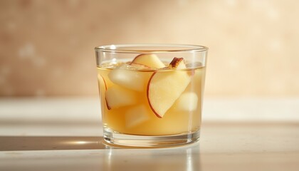 Glass of apple compote with slices and ice on a light background  