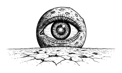 A surreal drawing of a large eye on a moon like sphere sitting on a cracked surface in black and white, textured dry earth line work.