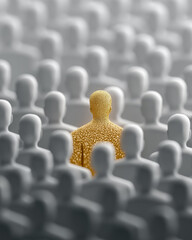 Obraz premium Golden Individual: A single, golden figure stands out amidst a crowd of gray figures, symbolizing uniqueness, leadership, or standing out from the ordinary.