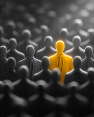 Fototapeta premium Standing out from the Crowd: A conceptual depiction of individuality in the midst of anonymity. The standout figure, bathed in golden light, signifies distinctiveness and unique perception.