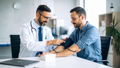 Doctor Measuring Patient's Blood Pressure During Medical Examination in Clinic