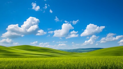 Obraz premium A large, open field with a blue sky and fluffy clouds. The sky is clear and bright, and the grass is lush and green.