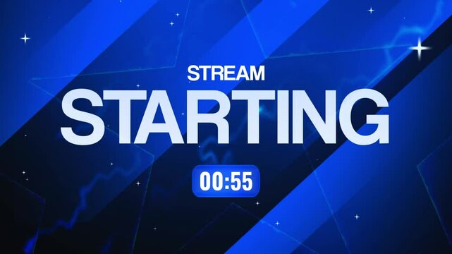 stream starting soon overlay animation with 1 min countdown and looping stars in background for twitch streamers - blue variation