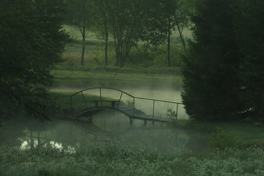 Old wooden bridge crossing a foggy pond surrounded by green meadow and trees at sunrise, peaceful and atmospheric nature scene, early morning in the countryside.