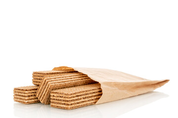 Several chocolate wafers, macro, isolated on white background.