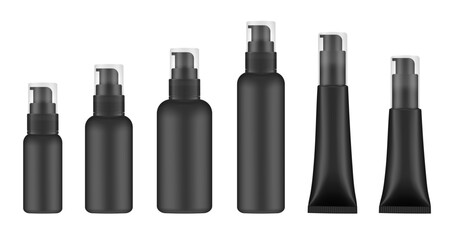 Set of black cosmetic bottles and tubes with pump. Dispenser for soap or lotion. Plastic cosmetic containers. Serum or gel
