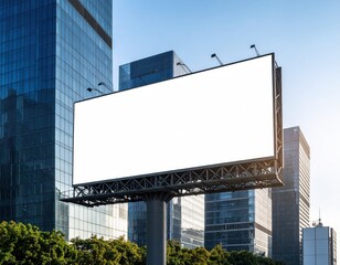 Fototapeta premium Blank Billboard Against Modern Glass Buildings and Clear Blue Sky in Urban Setting