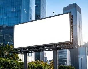 Fototapeta premium Blank billboard against modern glass buildings and green trees in city