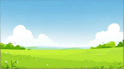 Cartoon minimalist grass, blue sky, and white clouds, spring/summer natural background