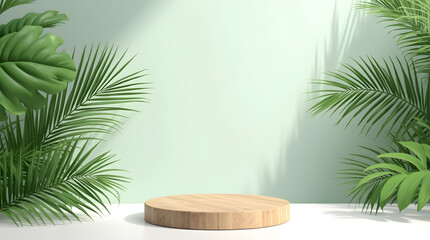 Obraz premium A round wooden display stand on a tropical foliage background