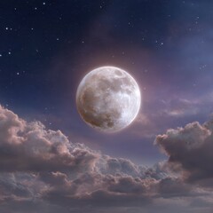 Bright Full Moon Over Fluffy Clouds in a Starry Night Sky