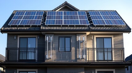 Fototapeta premium Panel mounting brackets rooftop installation on residential building with solar panels secured by professional mounting system